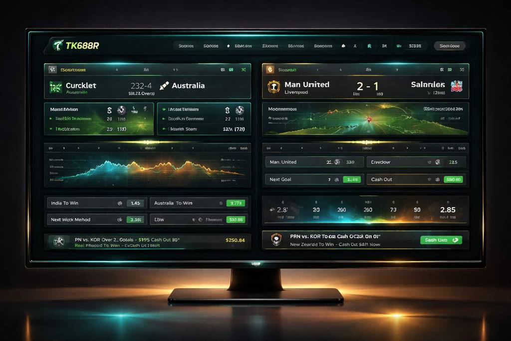 TK688R Live Betting — Real-Time Cricket & Football Odds TK688R live sports betting dashboard showing cricket and football in-play markets