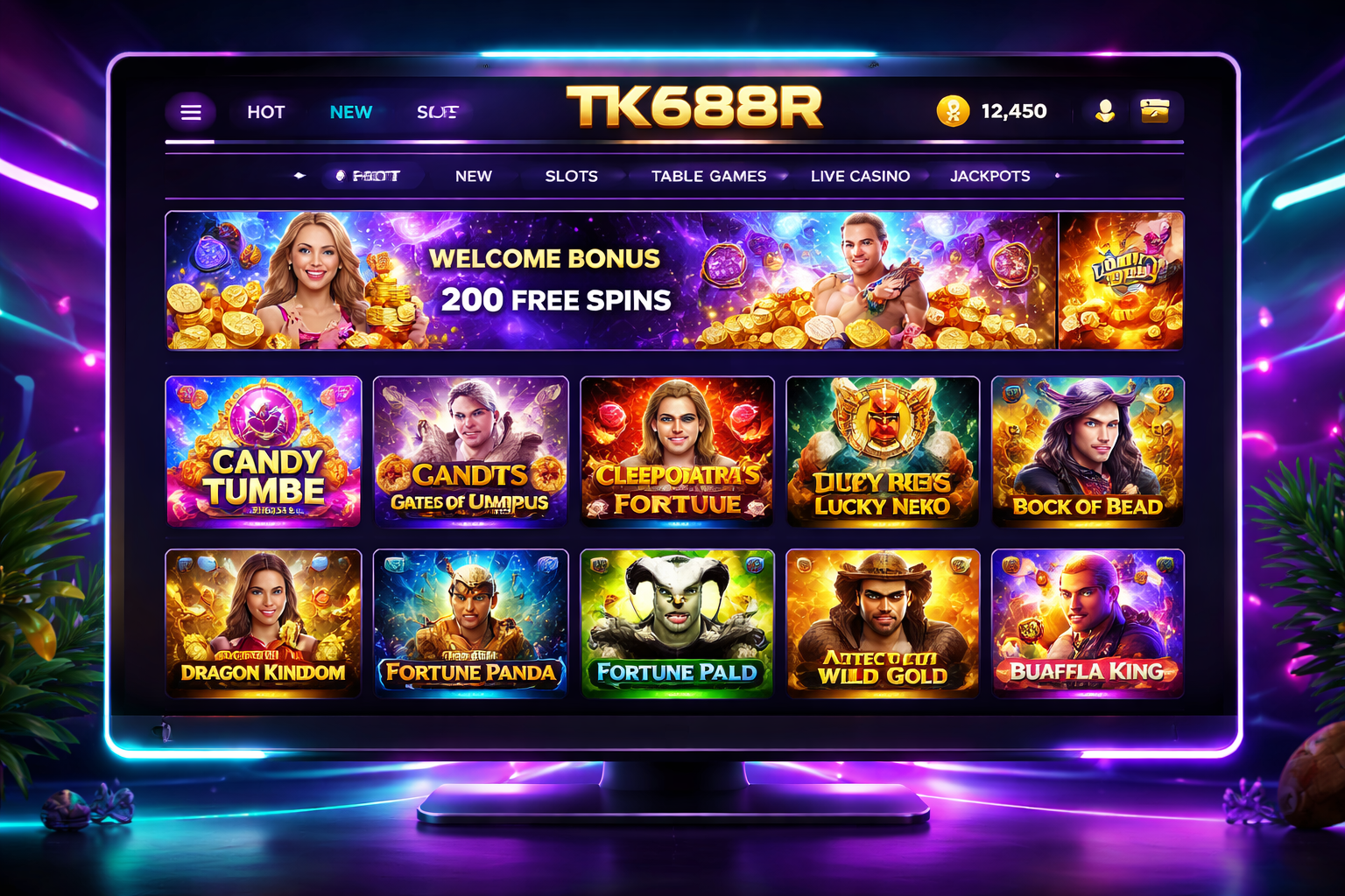 Popular TK688R slot titles grid with RTP and bet ranges