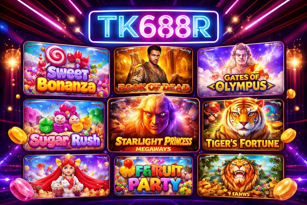 TK688R Slots lobby with Sweet Bonanza, Megaways and jackpot titles